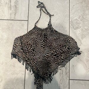 Nasty Gal Leopard Print Fringe Halter Top in Brown and Black